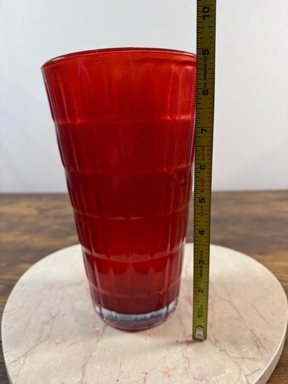 Red Textured Tempered Glass Tumbler Vase, 9” High, Made In USA, Very Heavy
